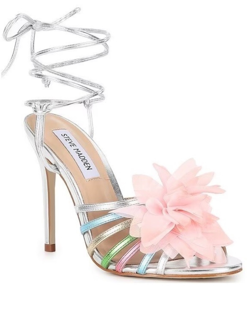 Steve Madden Jolisa Silver Wrap Around Lace Up Heel Floral Flower Size 6